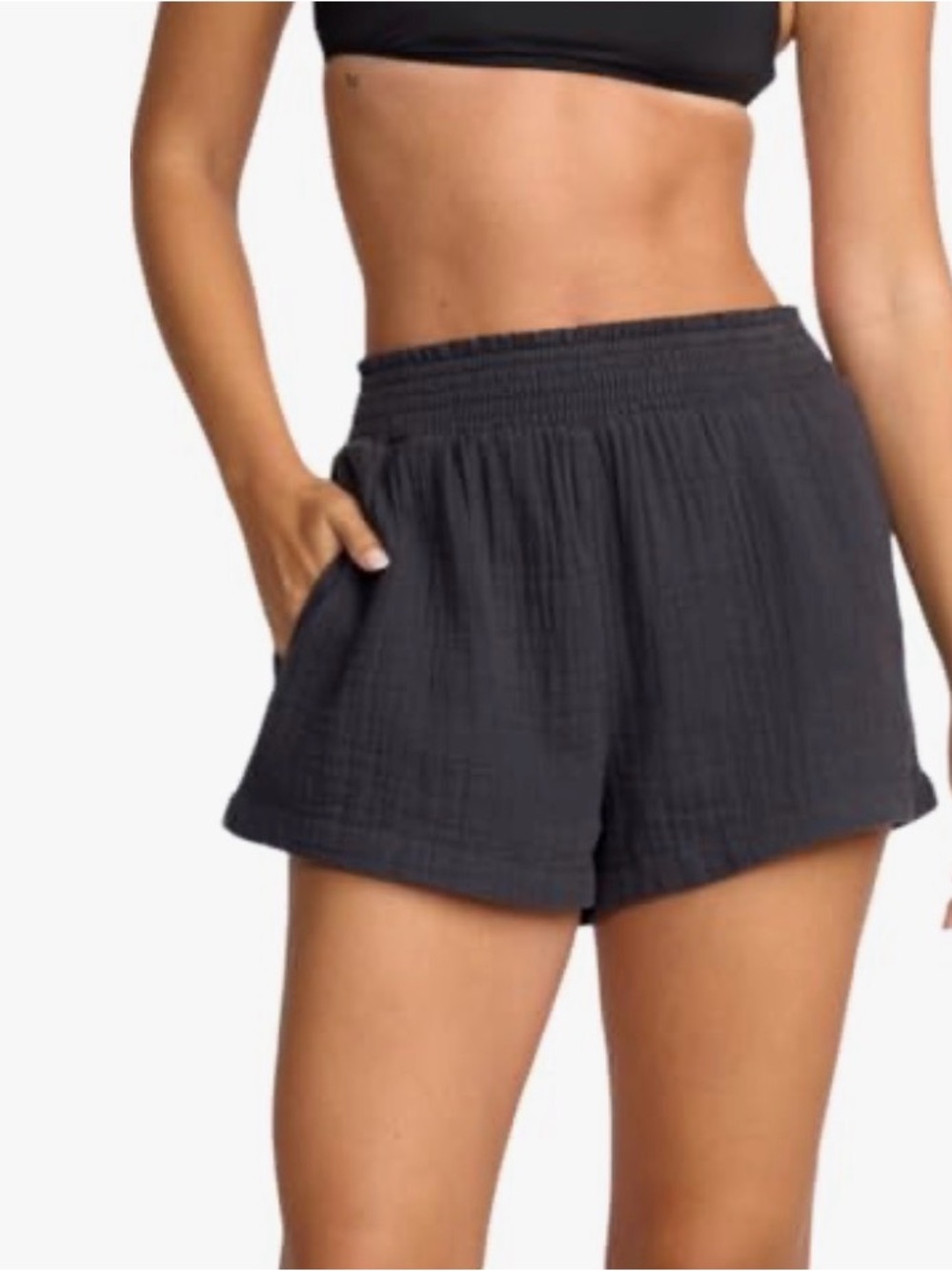 Women's Black Elastic-Waist Gauze Shorts